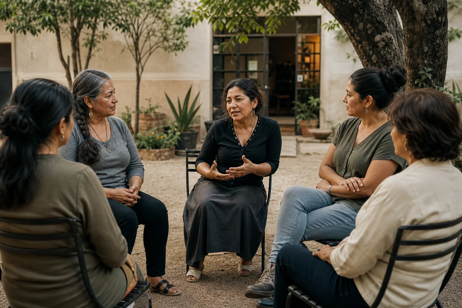 Mujeres conversan en círculo sobre prioridades de su comunidad