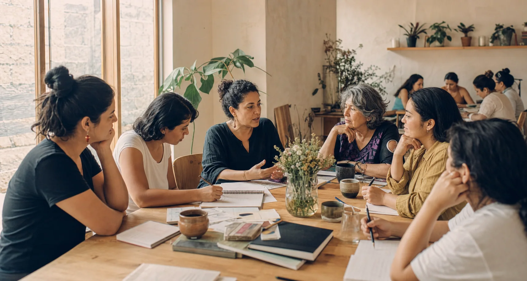 Mujeres adultas colaboran alrededor de una mesa durante un taller