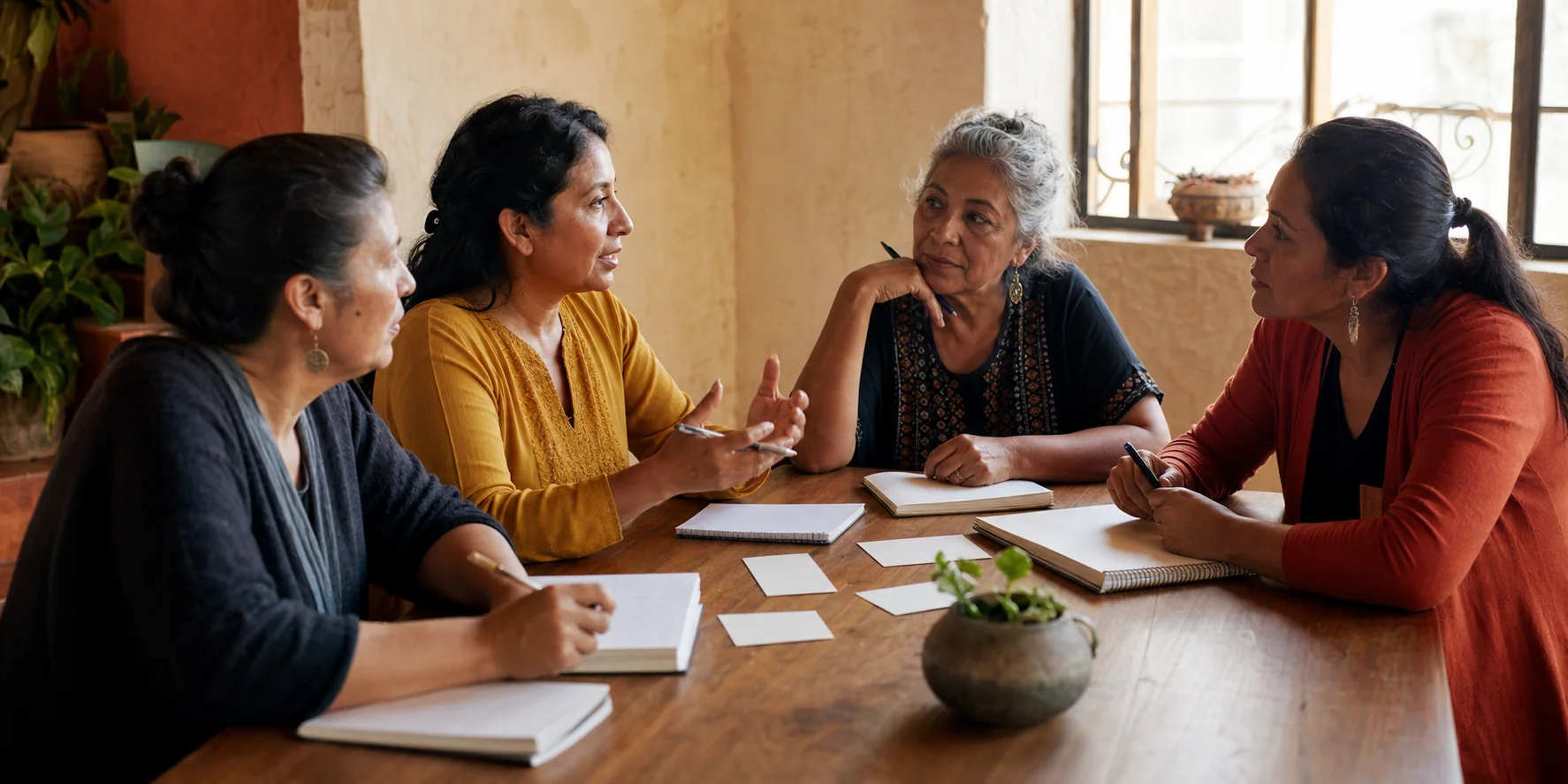 Mujeres sostienen una conversación de planeación alrededor de una mesa