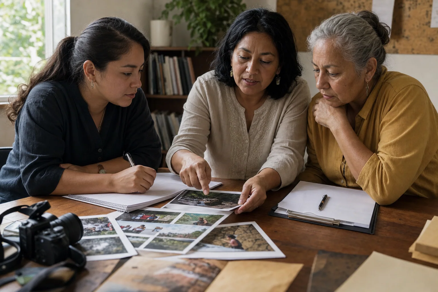 Tres mujeres revisan fotografías y materiales antes de su publicación