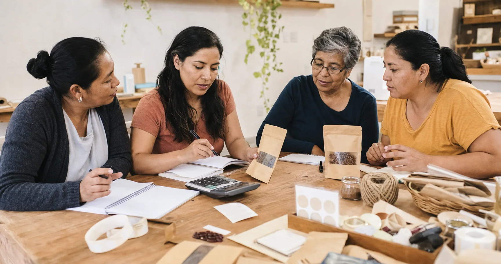 Mujeres trabajan juntas en ejercicios de emprendimiento y organización