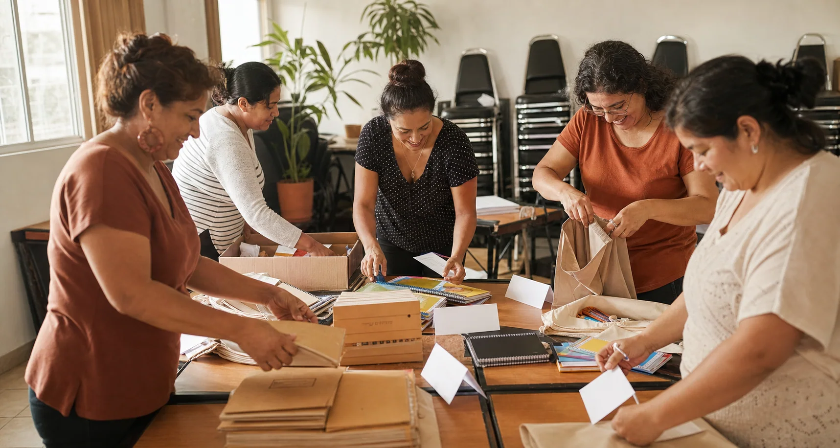 Voluntarias organizan materiales para una actividad comunitaria
